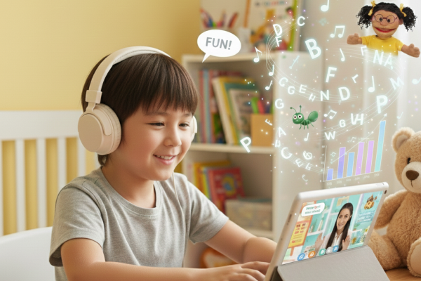 自宅英語学習する男の子